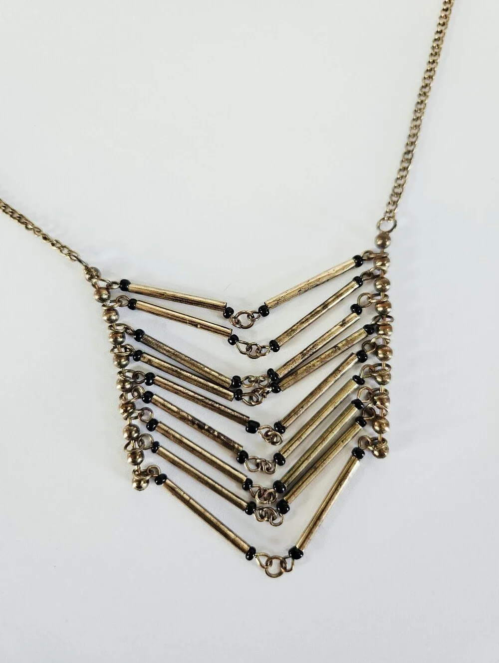 Vintage Geometric Brass Tube Beaded Chevron Hinged Cascade Bib Chain Necklace